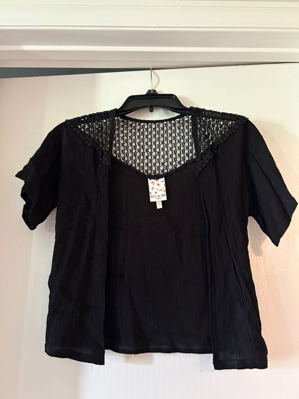 Belle Du Jour Black Crochet Yoke open Front Short Sleeve Cardigan